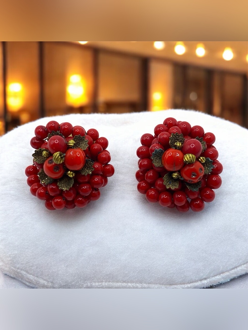 Mid-century vintage Jonne House of Schrager clip-on red bead cluster earrings